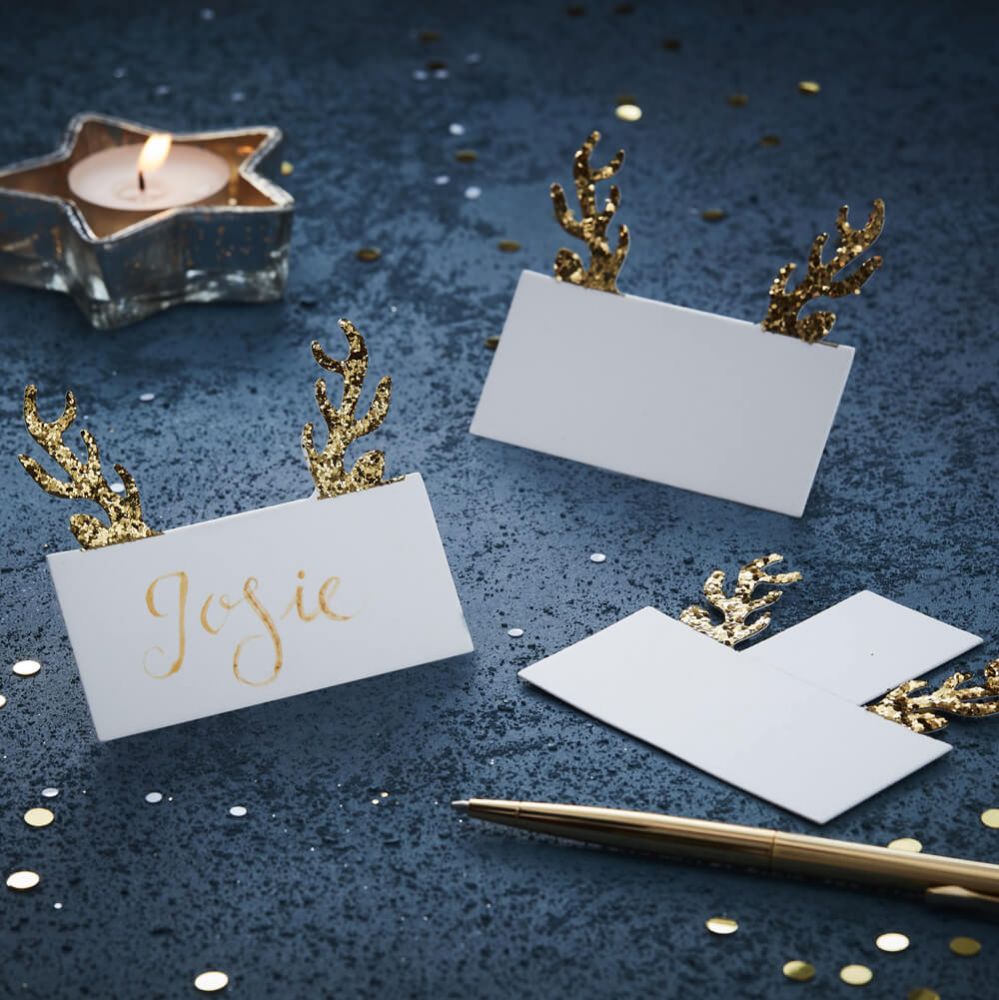 Gold Christmas Glitter Antller Place Cards