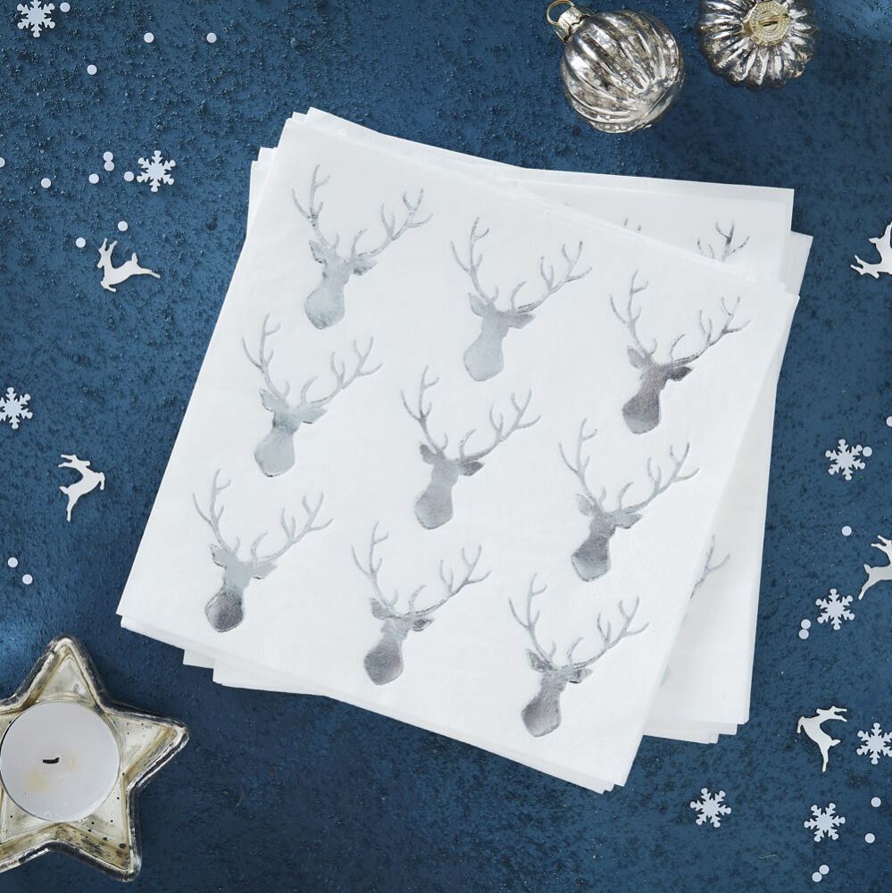 Silver Foiled Stag Paper Cocktail Napkins