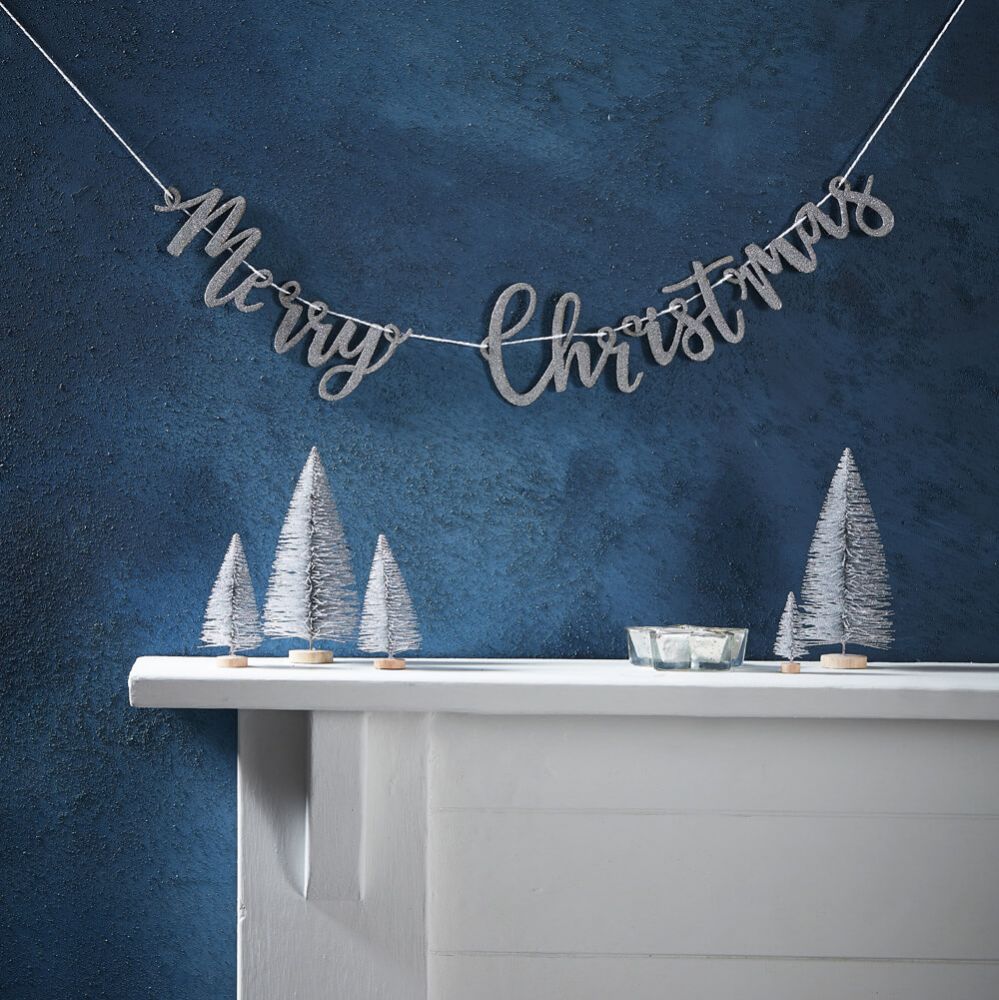 Silver Glitter Merry Christmas Wooden Bunting 